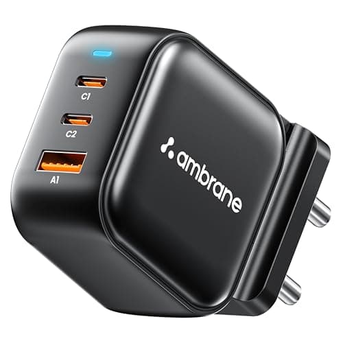 Ambrane 65W GaN Charger — 2x USB-C PD + 1x USB-A, 3-Port Laptop Adapter
