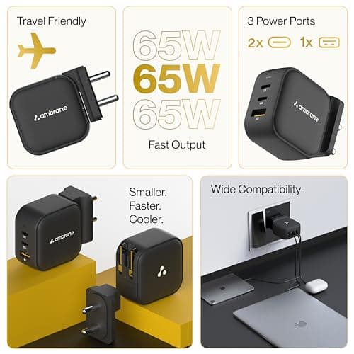 Ambrane 65W GaN Charger — 2x USB-C PD + 1x USB-A, 3-Port Laptop Adapter