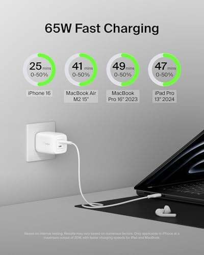 Belkin 65W (45W + 20W) USB-C GaN Charger — Dual Port PD Fast Charging