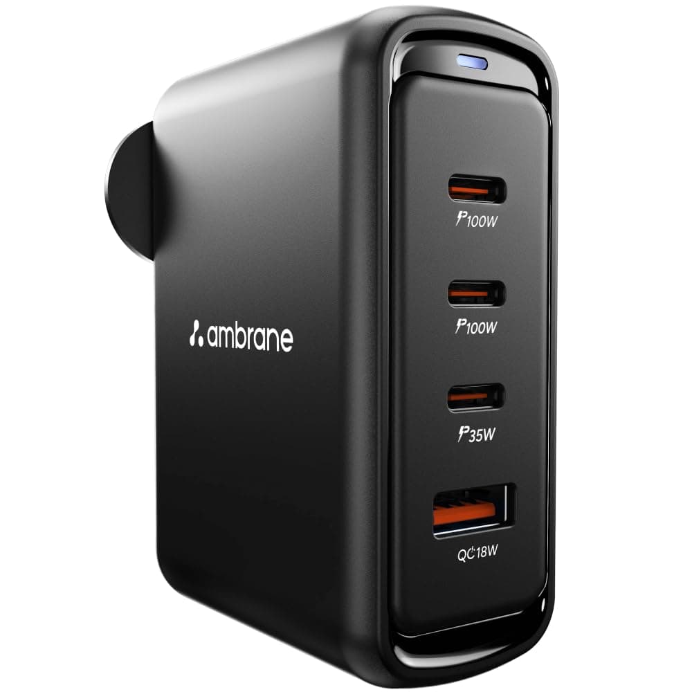 Ambrane 100W GaN Charger — 4 Ports (3x USB-C + 1x USB-A), PD Fast Charging