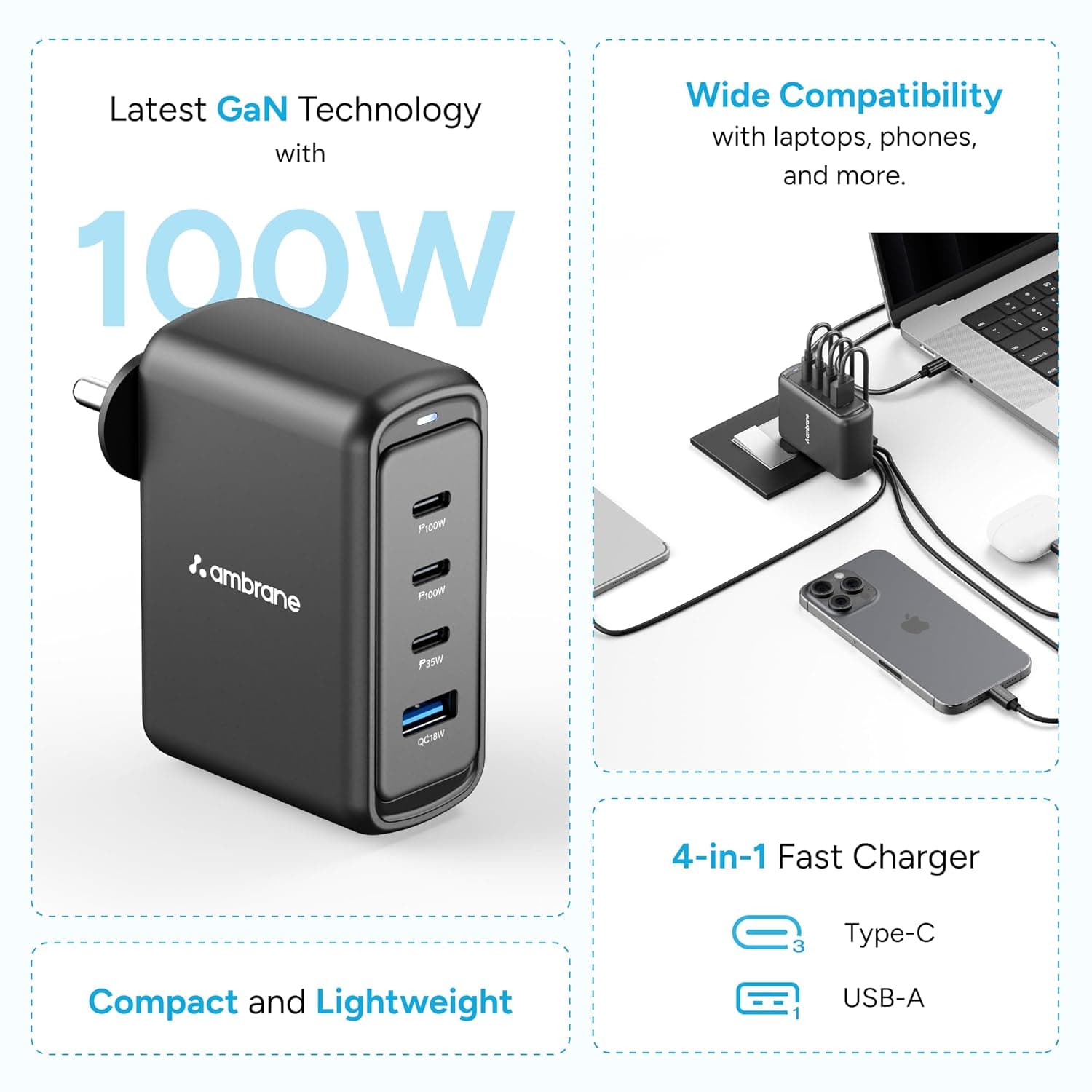 Ambrane 100W GaN Charger — 4 Ports (3x USB-C + 1x USB-A), PD Fast Charging
