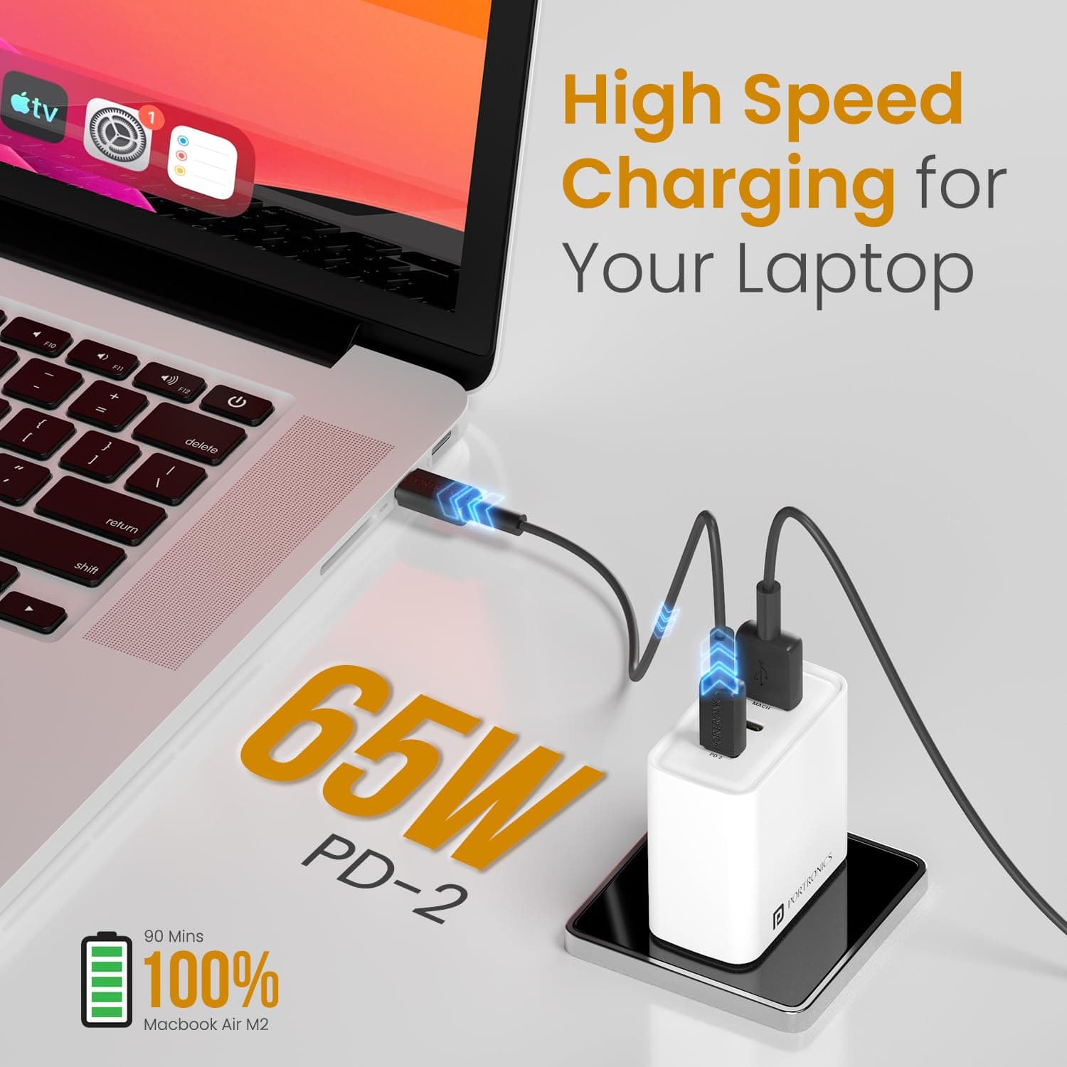 Portronics Adapto 65M 65W GaN Triple-Port Charger — 2x USB-C PD + 1x USB-A