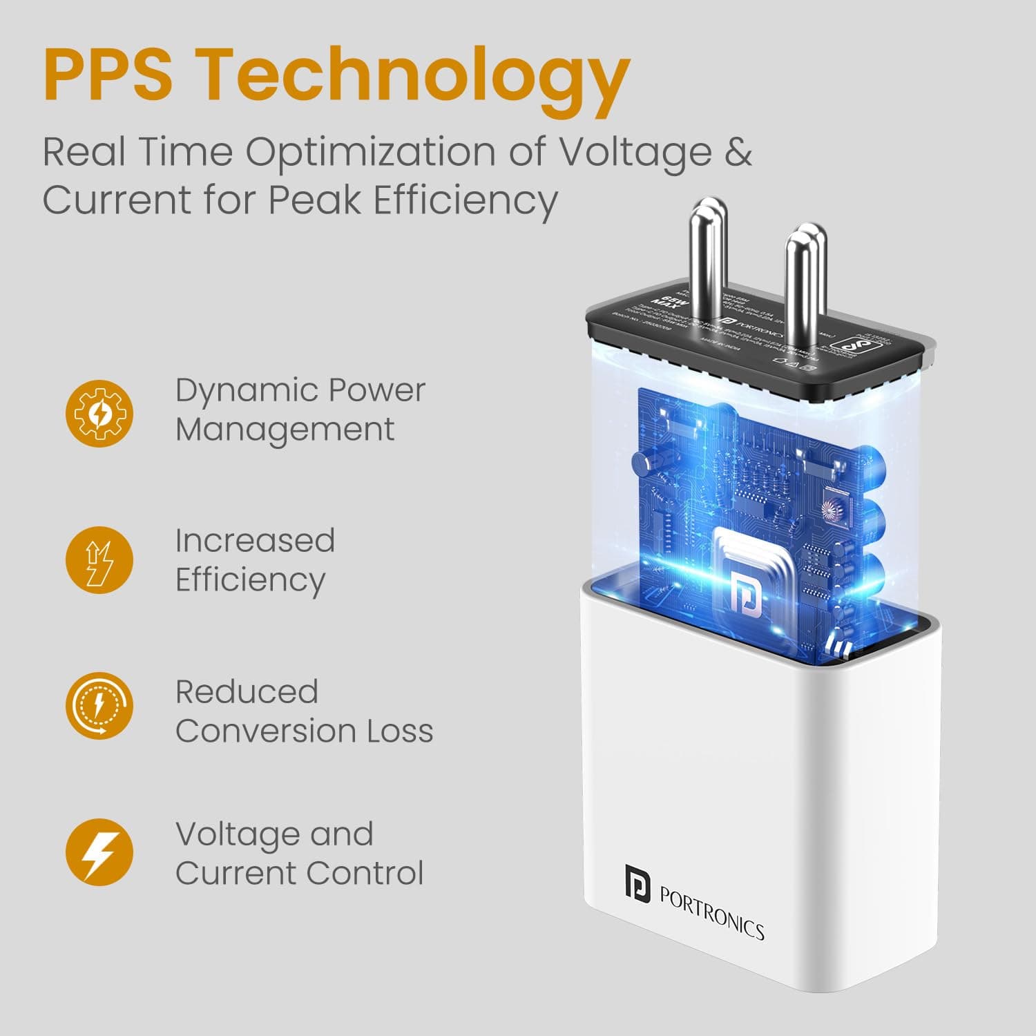 Portronics Adapto 65M 65W GaN Triple-Port Charger — 2x USB-C PD + 1x USB-A