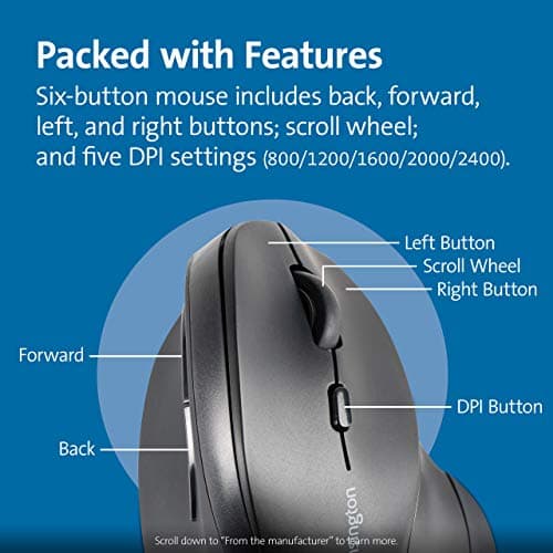 Kensington Ergonomic Vertical Wireless Mouse — 6 Buttons, 5 DPI Settings, 2.4GHz