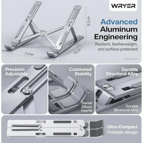 WRYER 7-Angle Adjustable Aluminum Foldable Laptop Stand — Portable Riser for MacBook
