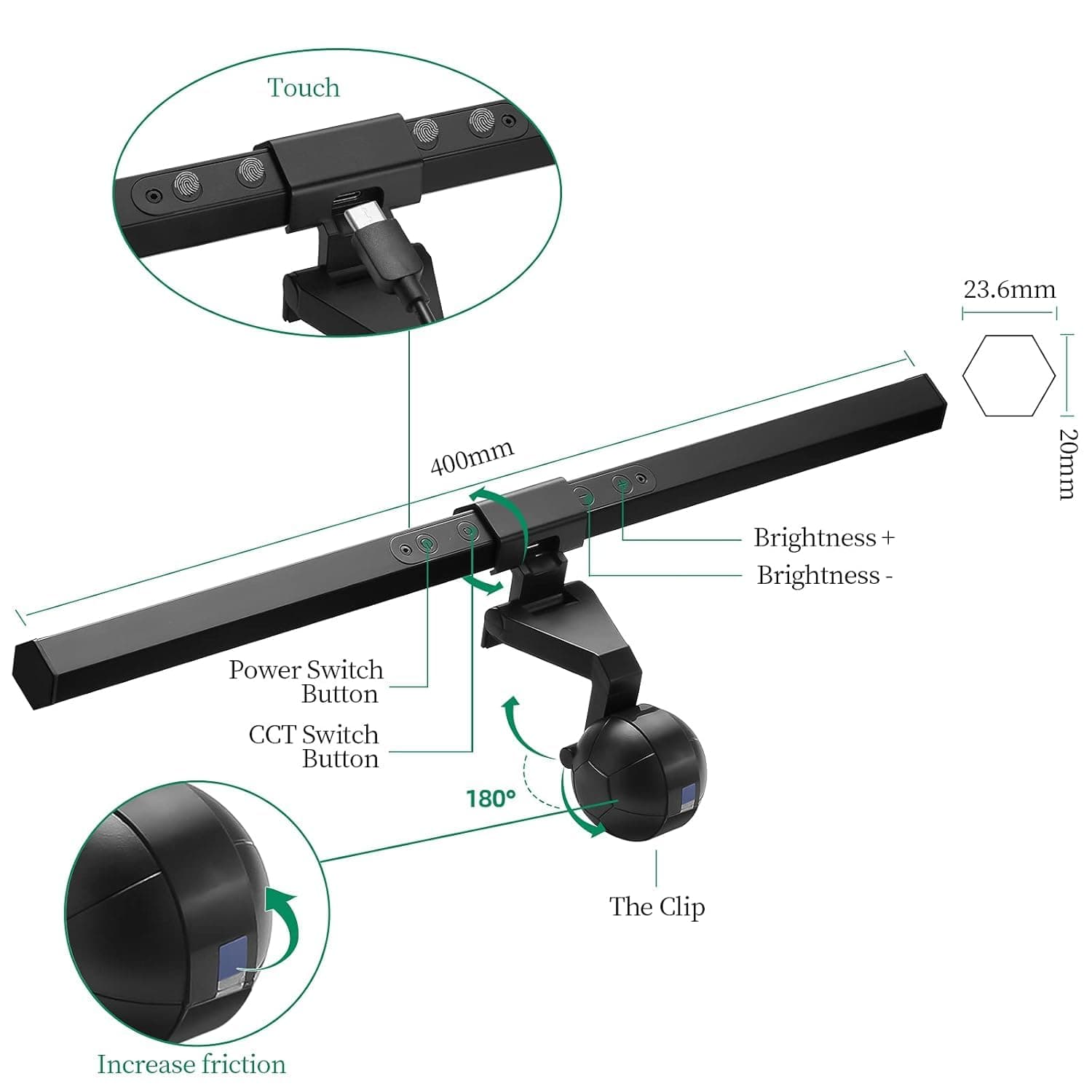 Quntis Monitor Light Bar 40cm — Touch Control, Ra98, 3000-6500K, Fits 17”-27”