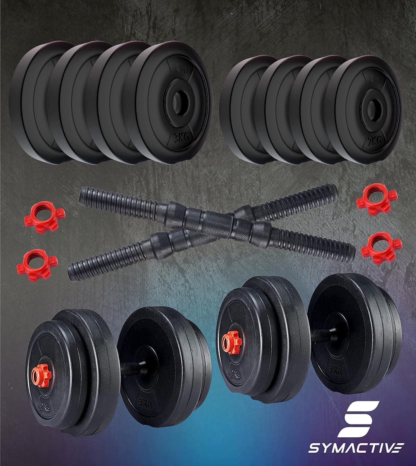 Amazon Brand - Symactive 20 Kg Adjustable Dumbbell Set — PVC Plates with Secure Locking