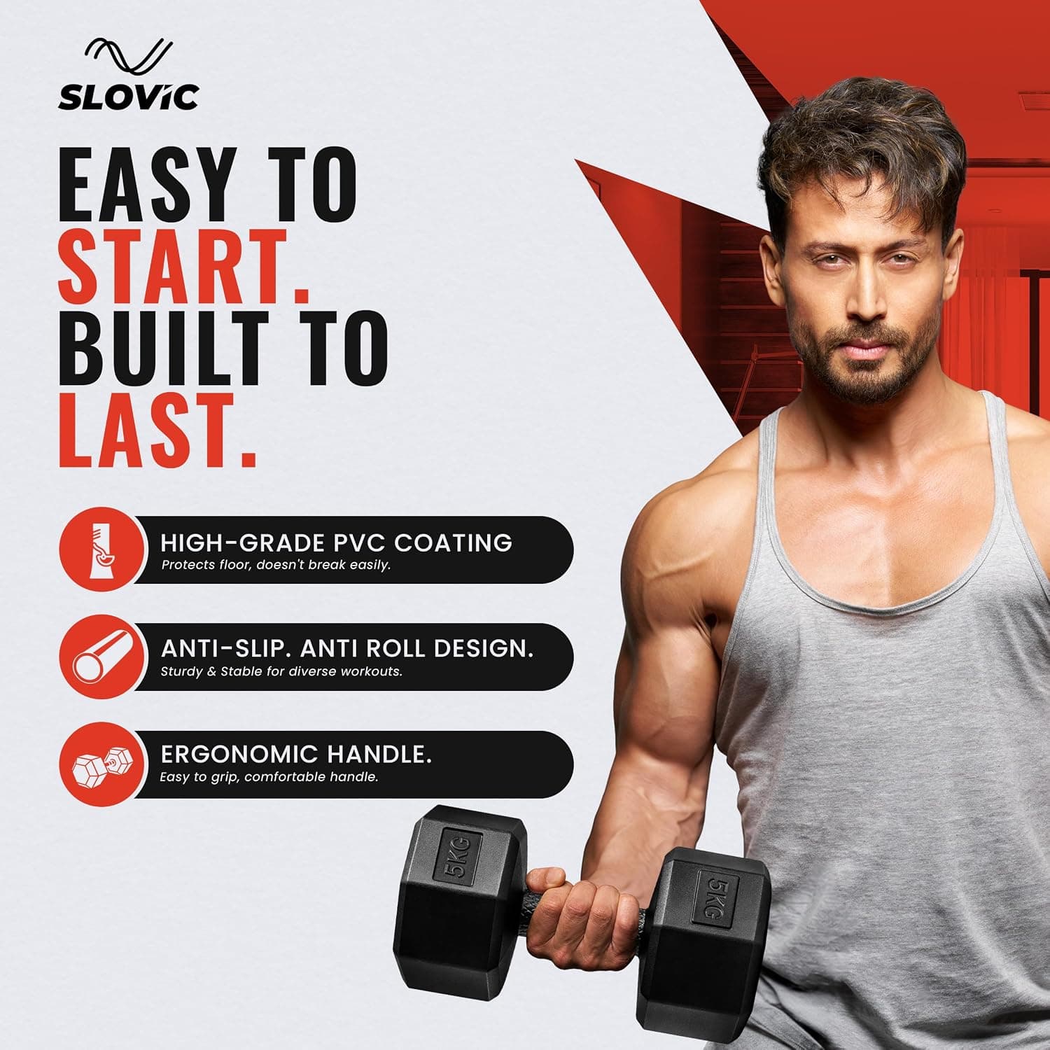 Slovic PVC Dumbbells Set 10 KG (5 KG x 2) — Anti-Skid Pair