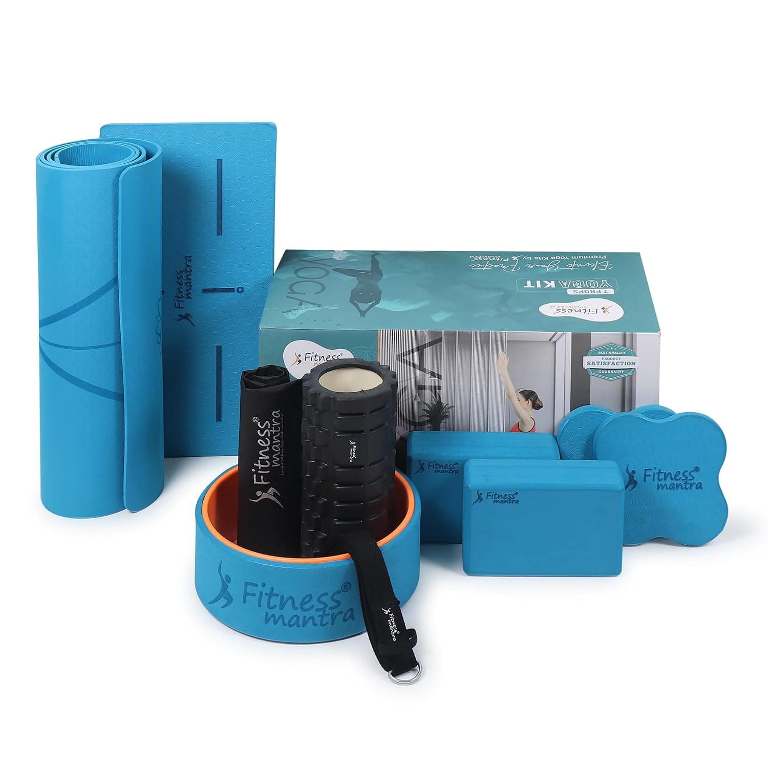 Fitness Mantrar 7 Props Yoga Kit — Mat, Wheel, Roller, Belt, Bricks, Knee & Elbow Pads