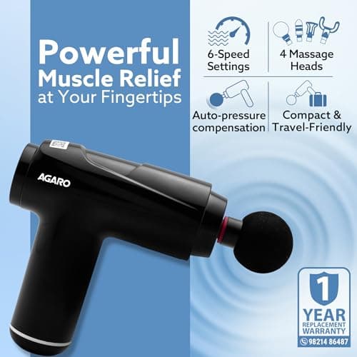 AGARO Primo Gun Massager — 4 Heads, 6 Speed, Rechargeable Deep Tissue Massager