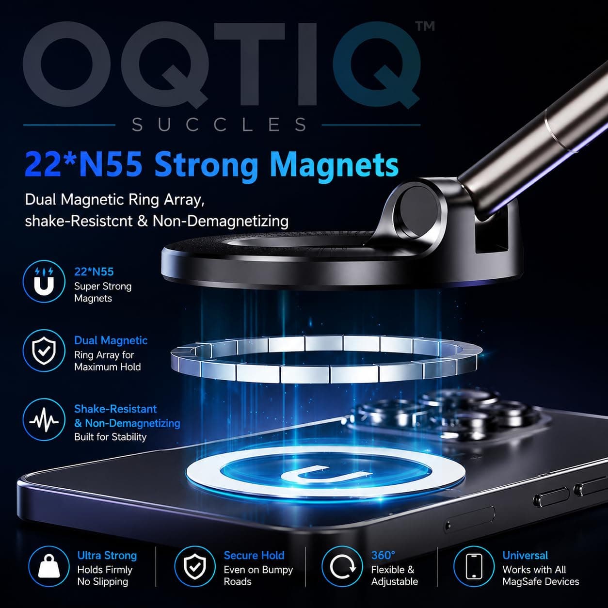 OQTIQ Vacuum Magnetic Car Phone Holder - 360° Adjustable, Strong Suction