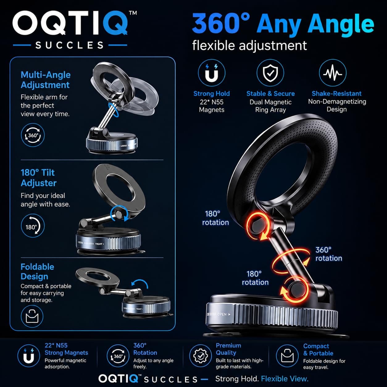 OQTIQ Vacuum Magnetic Car Phone Holder - 360° Adjustable, Strong Suction
