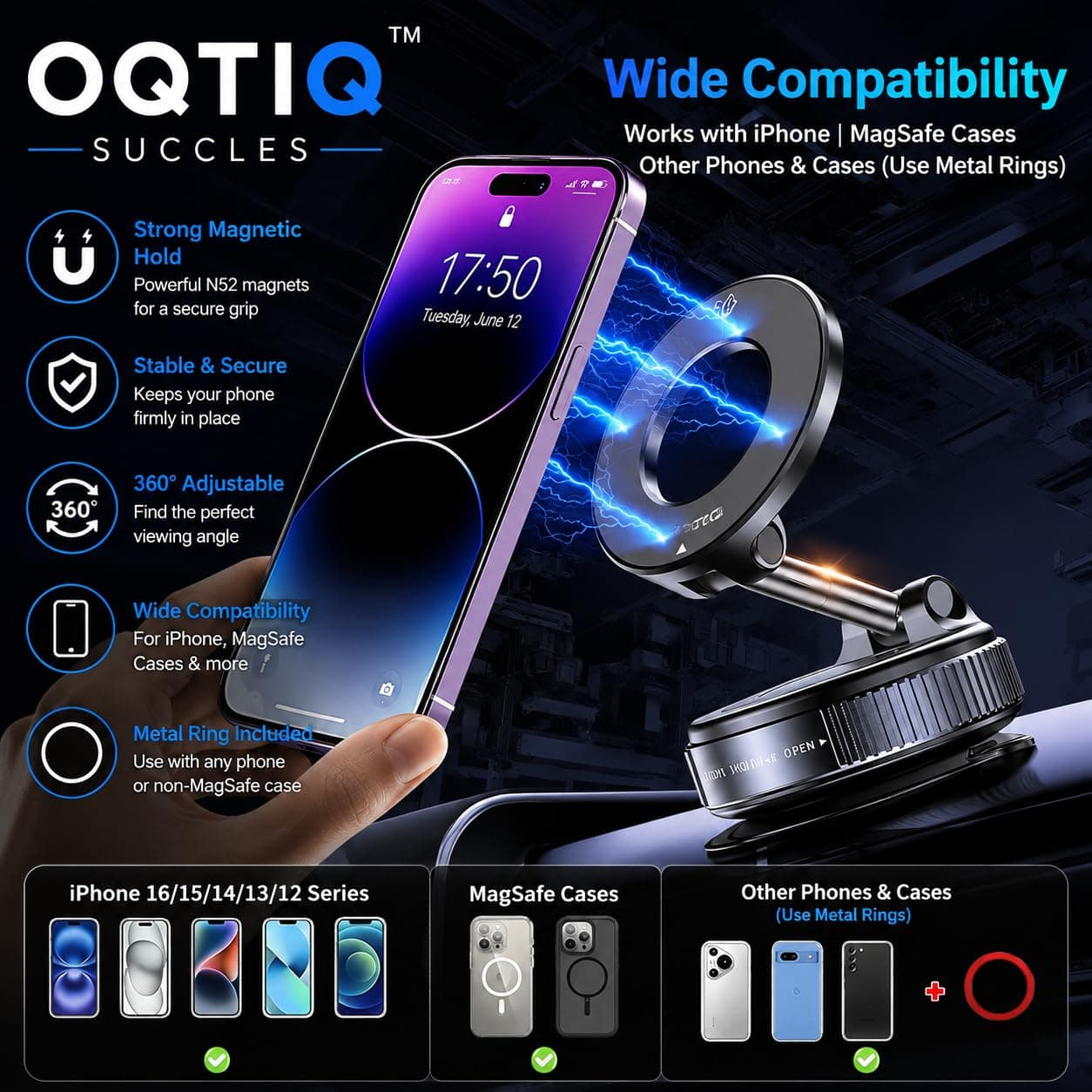 OQTIQ Vacuum Magnetic Car Phone Holder - 360° Adjustable, Strong Suction