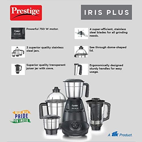 Prestige Iris 750 Watt Mixer Grinder with 4 Stainless Steel & Juicer Jars